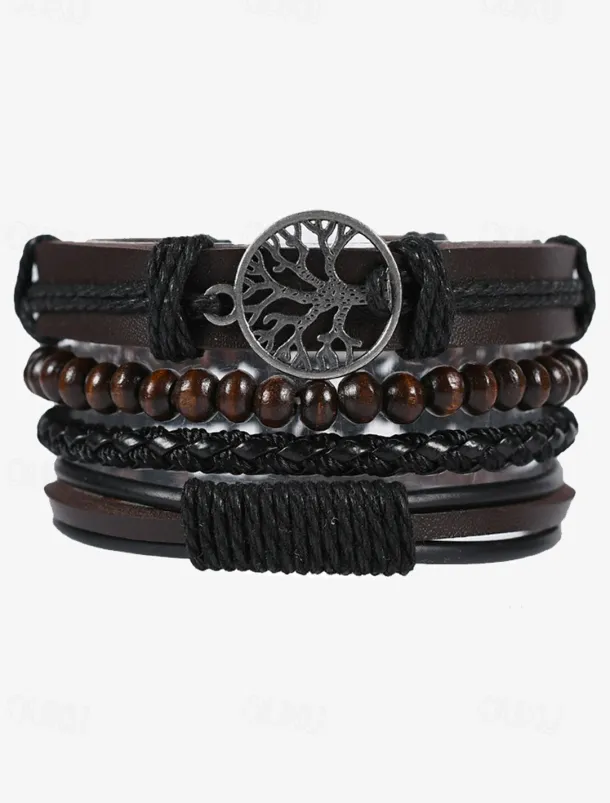 Men's Leather Beaded Bracelet Set with Tree of Life Charm – Vintage Layered Wristband Jewelry