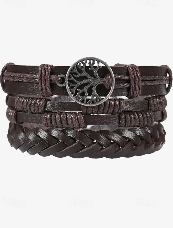 Men's Leather Beaded Bracelet Set with Tree of Life Charm – Vintage Layered Wristband Jewelry