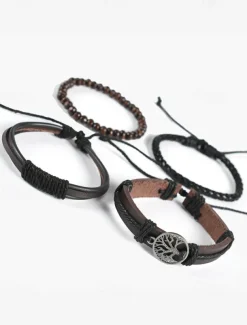 Men's Leather Beaded Bracelet Set with Tree of Life Charm – Vintage Layered Wristband Jewelry