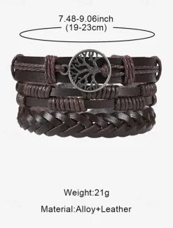 Men's Leather Beaded Bracelet Set with Tree of Life Charm – Vintage Layered Wristband Jewelry