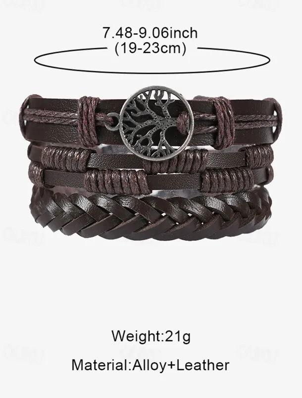 Men's Leather Beaded Bracelet Set with Tree of Life Charm – Vintage Layered Wristband Jewelry