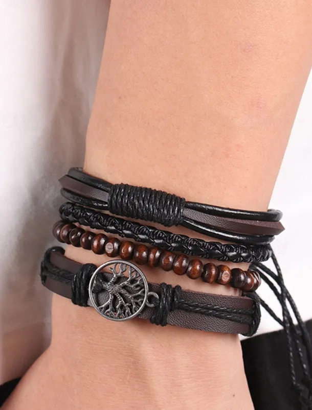 Men's Leather Beaded Bracelet Set with Tree of Life Charm – Vintage Layered Wristband Jewelry