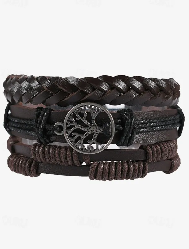 Men's Leather Beaded Bracelet Set with Tree of Life Charm – Vintage Layered Wristband Jewelry