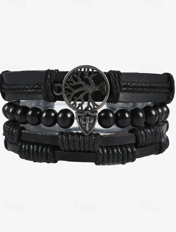 Men's Leather Beaded Bracelet Set with Tree of Life Charm – Vintage Layered Wristband Jewelry