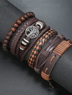 Men's Leather Bracelet Set – Vintage Multilayer Braided Cuff with Beads and Tree of Life Charm for Casual and Bohemian Styles