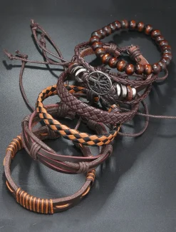 Men's Leather Bracelet Set – Vintage Multilayer Braided Cuff with Beads and Tree of Life Charm for Casual and Bohemian Styles