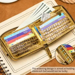 Men's leather crocodile patterned top layer cowhide zippered wallet with horizontal multi slot thickened photo album anti-theft brush wallet