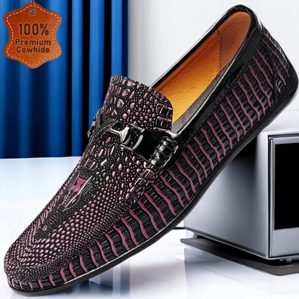 Men's Leather Crocodile Pattern Loafers – Fashion Slip-On Dress Shoes with Buckle Detail for Formal and Casual Occasions