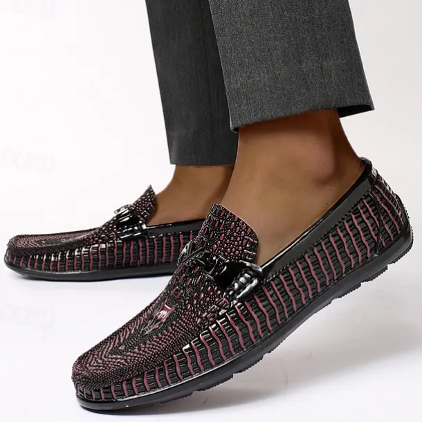 Men's Leather Crocodile Pattern Loafers – Fashion Slip-On Dress Shoes with Buckle Detail for Formal and Casual Occasions