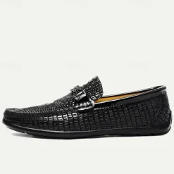 Men's Leather Crocodile Pattern Loafers – Fashion Slip-On Dress Shoes with Buckle Detail for Formal and Casual Occasions