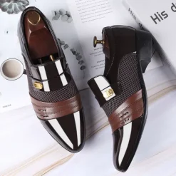 Men's Leather Dress Shoes with Embossed Crocodile Pattern and Black Accents for Formal and Business Wear