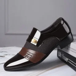 Men's Leather Dress Shoes with Embossed Crocodile Pattern and Black Accents for Formal and Business Wear