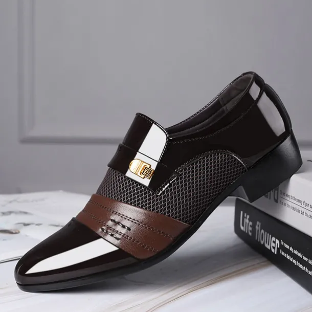 Men's Leather Dress Shoes with Embossed Crocodile Pattern and Black Accents for Formal and Business Wear