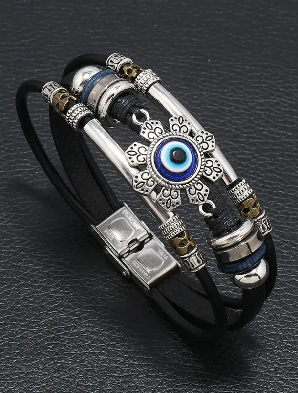 Men's Leather Evil Eye Bracelet with Vintage Metal Accents – Bohemian Protection Jewelry