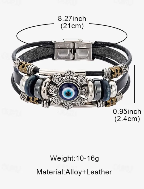 Men's Leather Evil Eye Bracelet with Vintage Metal Accents – Bohemian Protection Jewelry