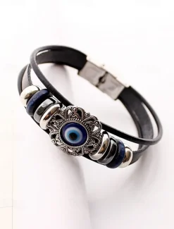 Men's Leather Evil Eye Bracelet with Vintage Metal Accents – Bohemian Protection Jewelry