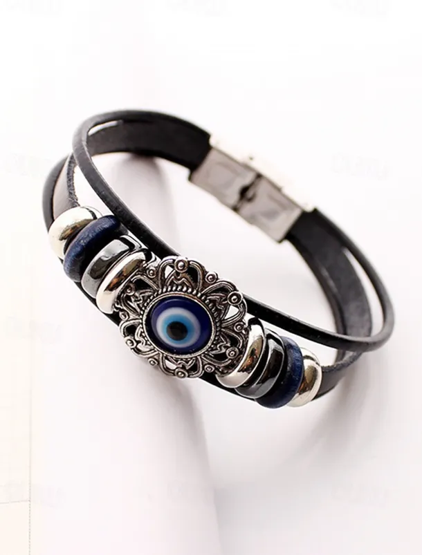 Men's Leather Evil Eye Bracelet with Vintage Metal Accents – Bohemian Protection Jewelry