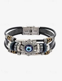 Men's Leather Evil Eye Bracelet with Vintage Metal Accents – Bohemian Protection Jewelry