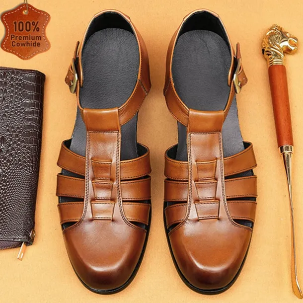 Men's Leather Fisherman Sandals - Breathable Summer Closed-Toe Sandals for Casual & Outdoor Wear
