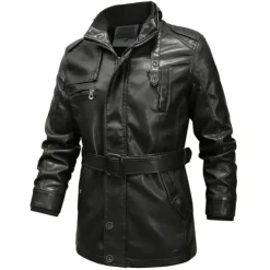 Men's Leather Jacket Motorcycle Jacket Outdoor Daily Wear Windproof Warm Pocket With Belt Fall Winter Plain Fashion Streetwear Stand Collar Regular Yellow Jacket