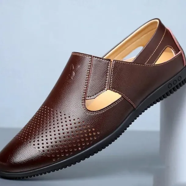 Men's Leather Sandals Black Summer Sandals Closed Toe Sandals Walking Casual Vacation Beach Breathable Slip-on White Brown Shoes