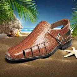 Men's Leather Sandals Closed Toe Sandals Crocodile Print Fisherman Sandals Walking Casual British Wedding Office & Career Buckle Shoes Black Yellow Blue Summer Spring