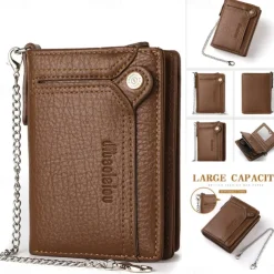 Men's leather wallet PU leather ID card holder combination with anti-theft chain design