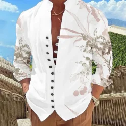 Men's Leaves Shirt Button Up Shirt Long Sleeve Fashion Designer Casual Outdoor Vacation Daily Fall Autumn / Fall Spring & Summer Stand Collar Print Lake blue White Pink Red Blue