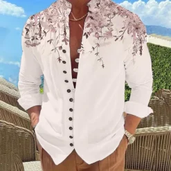 Men's Leaves Shirt Button Up Shirt Long Sleeve Fashion Designer Casual Outdoor Vacation Daily Fall Autumn / Fall Spring & Summer Stand Collar Print Lake blue White Pink Red Blue