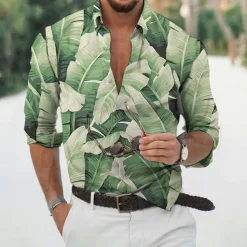 Men's Leaves Tropical Plants Shirt Summer Hawaiian Shirt Aloha Shirt Long Sleeve Shirt Turndown Fashion Designer Casual Vacation Daily Holiday Light Green Pink Dark Green 3D Print S M L
