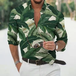 Men's Leaves Tropical Plants Shirt Summer Hawaiian Shirt Aloha Shirt Long Sleeve Shirt Turndown Fashion Designer Casual Vacation Daily Holiday Light Green Pink Dark Green 3D Print S M L
