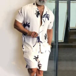 Men's Leaves Tropical Plants 2pcs Shirts Sets Summer Hawaiian Shirt Short Sleeve Short Pants Cuban Collar Tropical Fashion Hawaiian Street Casual Hawaiian Print Summer Spring Black White Blue