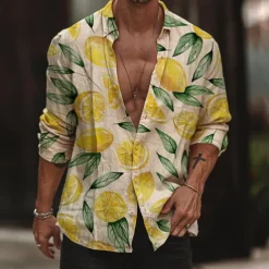 Men's Lemon Shirt Summer Hawaiian Shirt Aloha Shirt Long Sleeve Shirt Turndown Sports Fashion Streetwear Outdoor Street Casual Yellow S M L