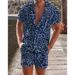 Men's Leopard 2pcs Shirts Sets Summer Hawaiian Shirt Short Sleeve Short Pants Turndown Tropical Fashion Hawaiian Casual Holiday Beach Print Summer Spring Blue Purple Brown