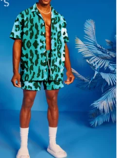 Men's Leopard 2pcs Shirts Sets Summer Hawaiian Shirt Short Sleeve Short Pants Turndown Tropical Hawaiian Casual Sports & Outdoor Beach Buttons Elastic Waist Print Spring & Summer Yellow Blue Purple