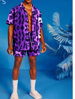 Men's Leopard 2pcs Shirts Sets Summer Hawaiian Shirt Short Sleeve Short Pants Turndown Tropical Hawaiian Casual Sports & Outdoor Beach Buttons Elastic Waist Print Spring & Summer Yellow Blue Purple