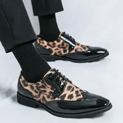 Men's Leopard Print Oxford Shoes - Patent Faux Leather Accents with Brogue Detailing for Formal and Party Occasions