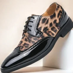Men's Leopard Print Oxford Shoes - Patent Faux Leather Accents with Brogue Detailing for Formal and Party Occasions
