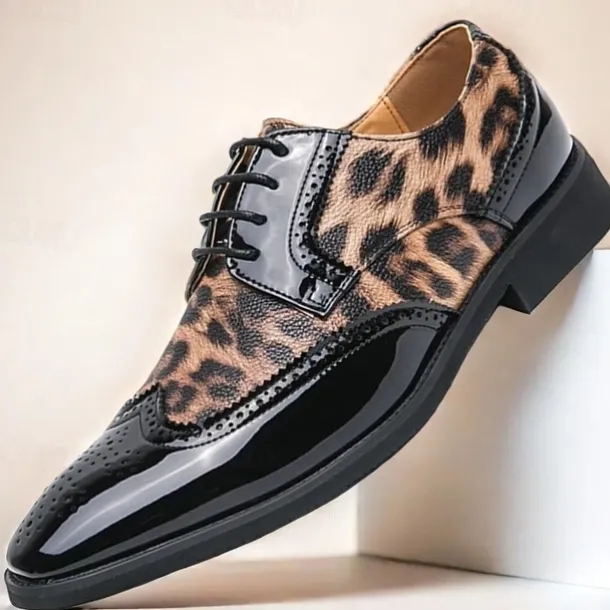 Men's Leopard Print Oxford Shoes - Patent Faux Leather Accents with Brogue Detailing for Formal and Party Occasions
