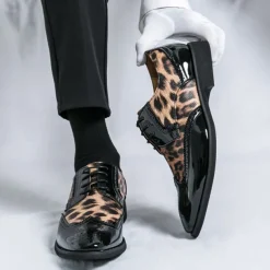 Men's Leopard Print Oxford Shoes - Patent Faux Leather Accents with Brogue Detailing for Formal and Party Occasions