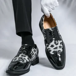 Men's Leopard Print Oxford Shoes - Patent Faux Leather Accents with Brogue Detailing for Formal and Party Occasions
