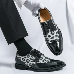 Men's Leopard Print Oxford Shoes - Patent Faux Leather Accents with Brogue Detailing for Formal and Party Occasions