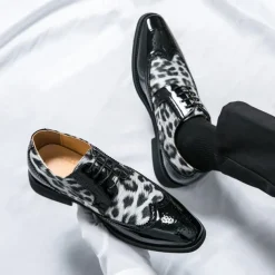Men's Leopard Print Oxford Shoes - Patent Faux Leather Accents with Brogue Detailing for Formal and Party Occasions