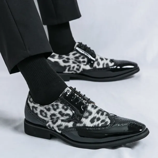 Men's Leopard Print Oxford Shoes - Patent Faux Leather Accents with Brogue Detailing for Formal and Party Occasions