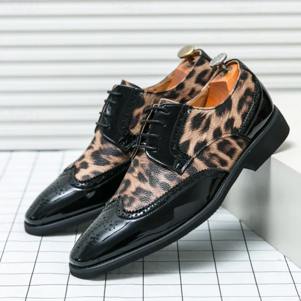 Men's Leopard Print Oxford Shoes - Patent Faux Leather Accents with Brogue Detailing for Formal and Party Occasions