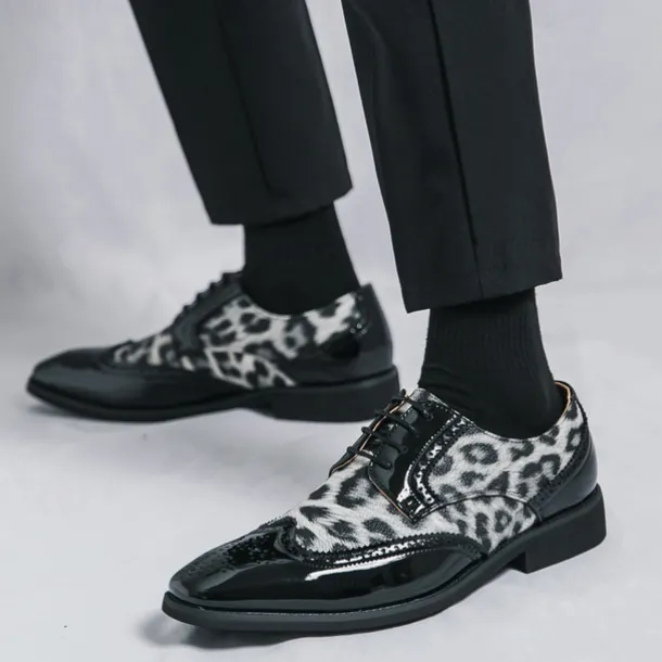 Men's Leopard Print Oxford Shoes - Patent Faux Leather Accents with Brogue Detailing for Formal and Party Occasions