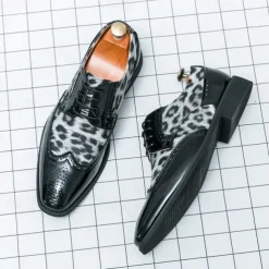 Men's Leopard Print Oxford Shoes - Patent Faux Leather Accents with Brogue Detailing for Formal and Party Occasions