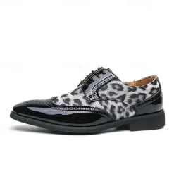 Men's Leopard Print Oxford Shoes - Patent Faux Leather Accents with Brogue Detailing for Formal and Party Occasions