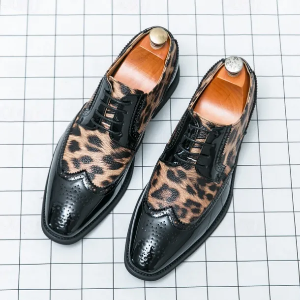 Men's Leopard Print Oxford Shoes - Patent Faux Leather Accents with Brogue Detailing for Formal and Party Occasions