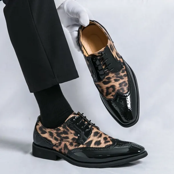 Men's Leopard Print Oxford Shoes - Patent Faux Leather Accents with Brogue Detailing for Formal and Party Occasions
